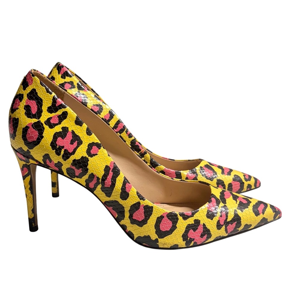 Vince Camuto Treesha Yellow Pink Leopard Print Pointed Toe Pumps Sz 11 Sexy 80s